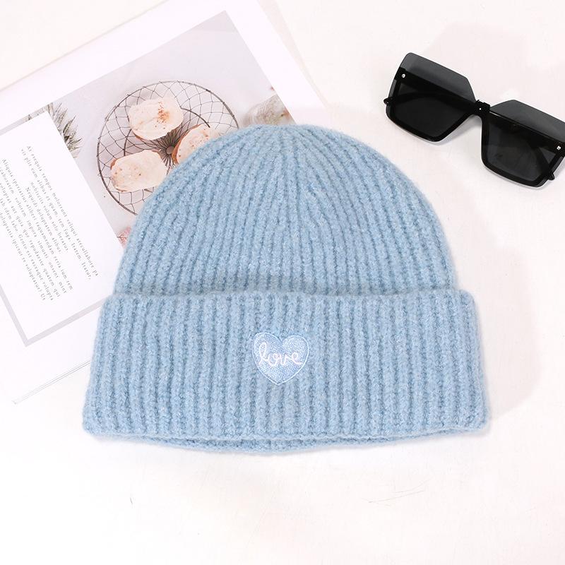 Women's Autumn and Winter New Face Showing Small Wool Hat Encore Red and White Warm and Simple Love Embroidery Knitted Hat