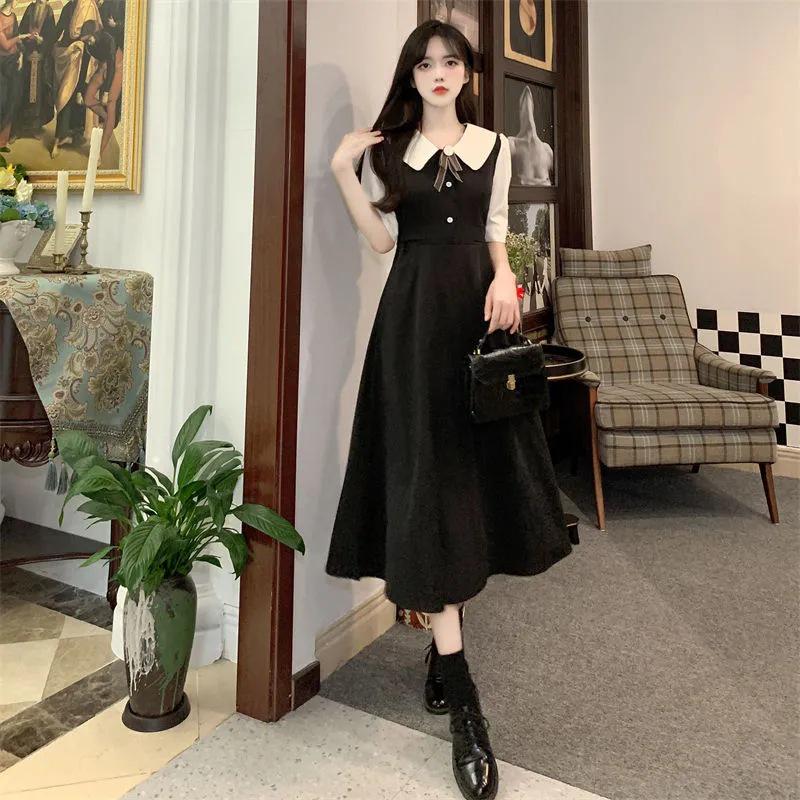 Robe ajustée grande taille style rétro français à col poupée avec jupe patchwork