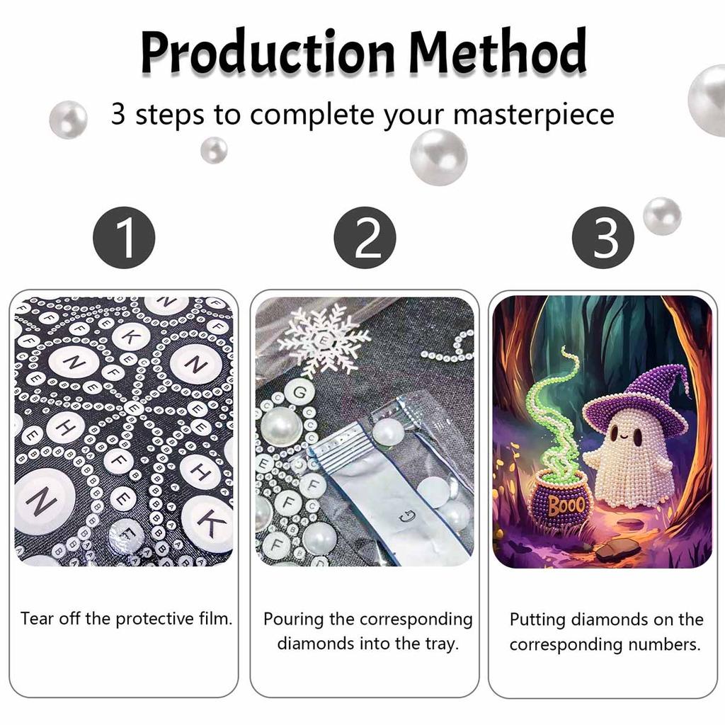 Frameless Pearl Painting Kit Cute Magic Ghost Cauldron Pattern DIY Shiny Bead Canvas Creative Leisure Craft Gift for Adults