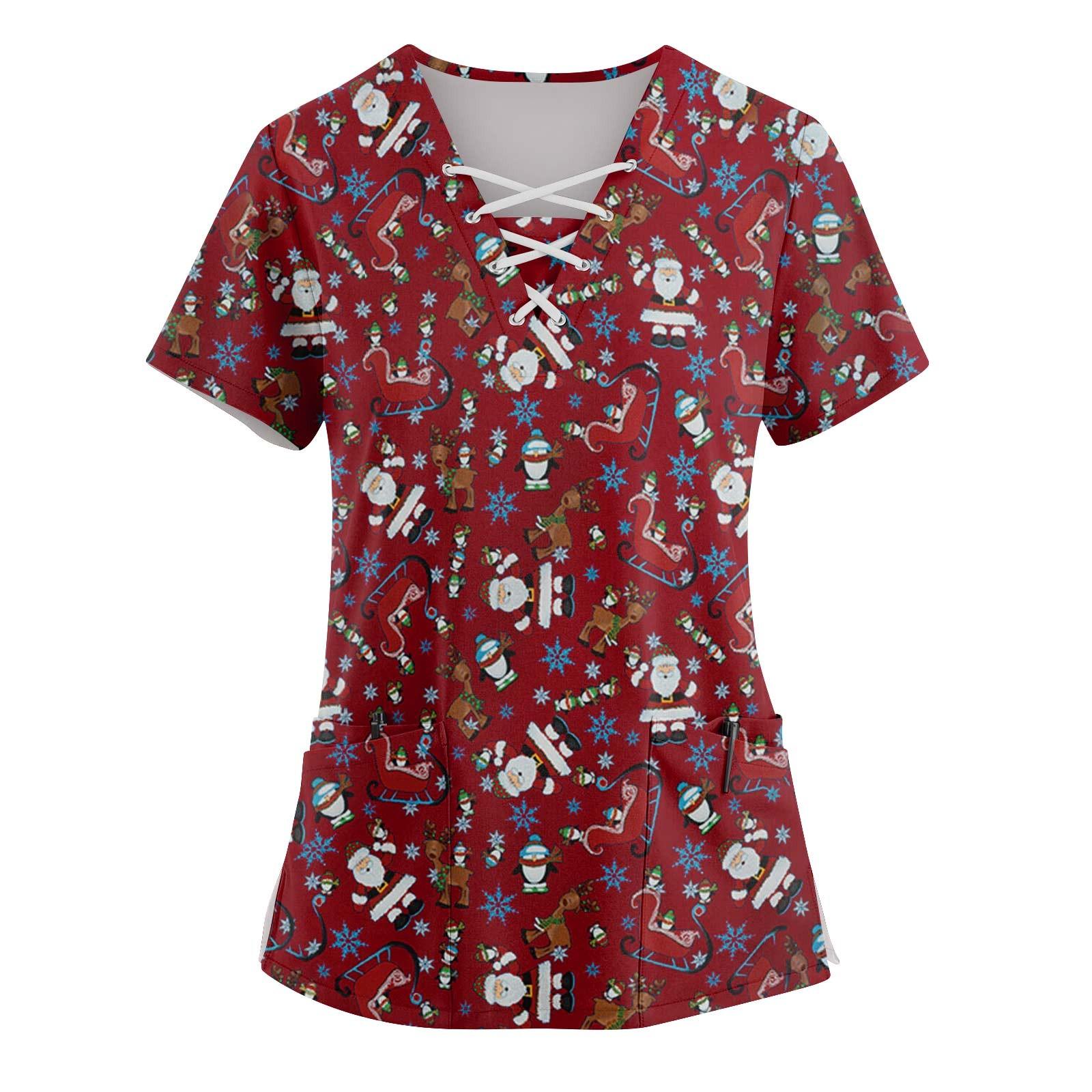 

Женский топ с короткими рукавами, V-образным вырезом, принтом и карманом M винный