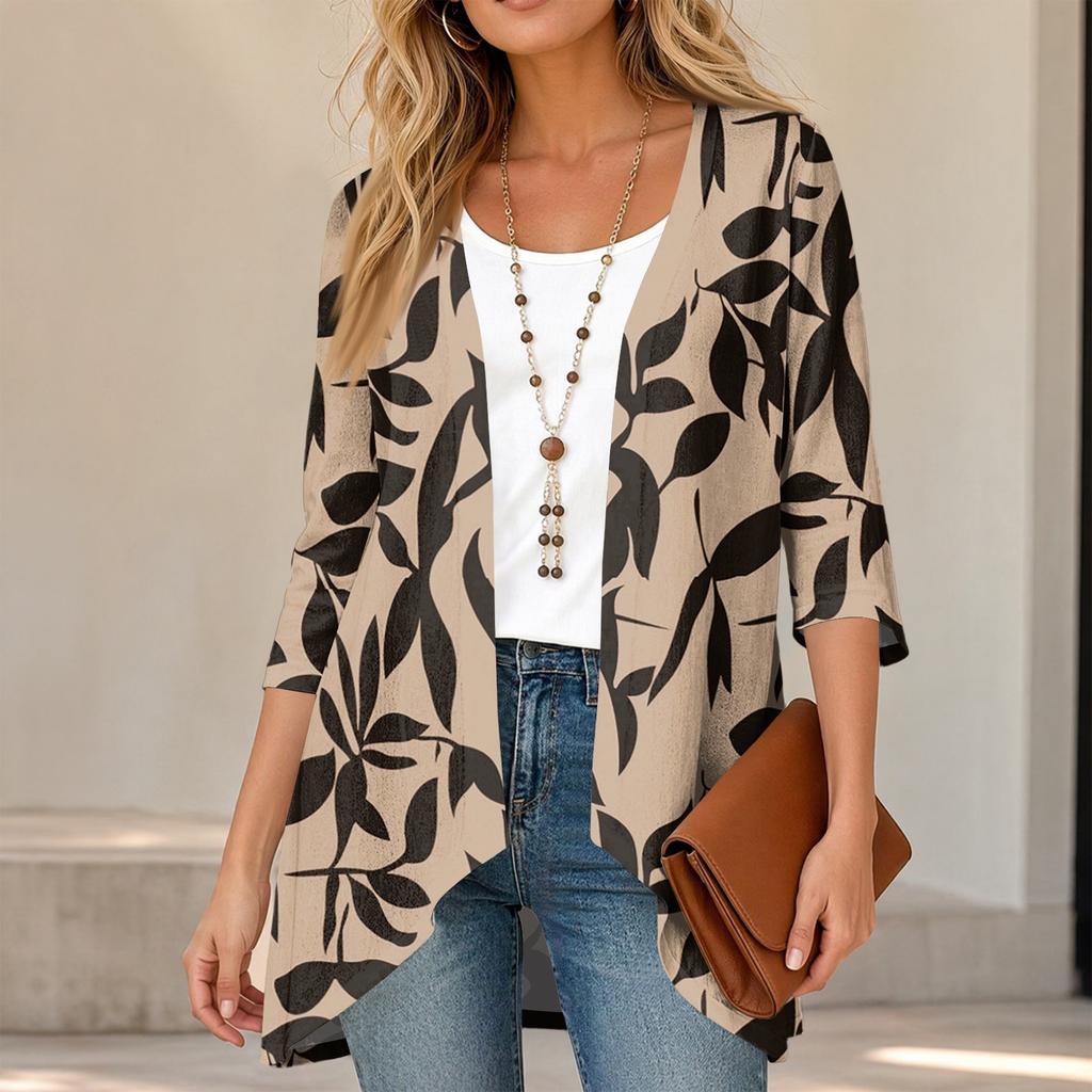 Women's Vintage Floral Print Three-Quarter Sleeve Lightweight Cardigan for Casual Daily Wear