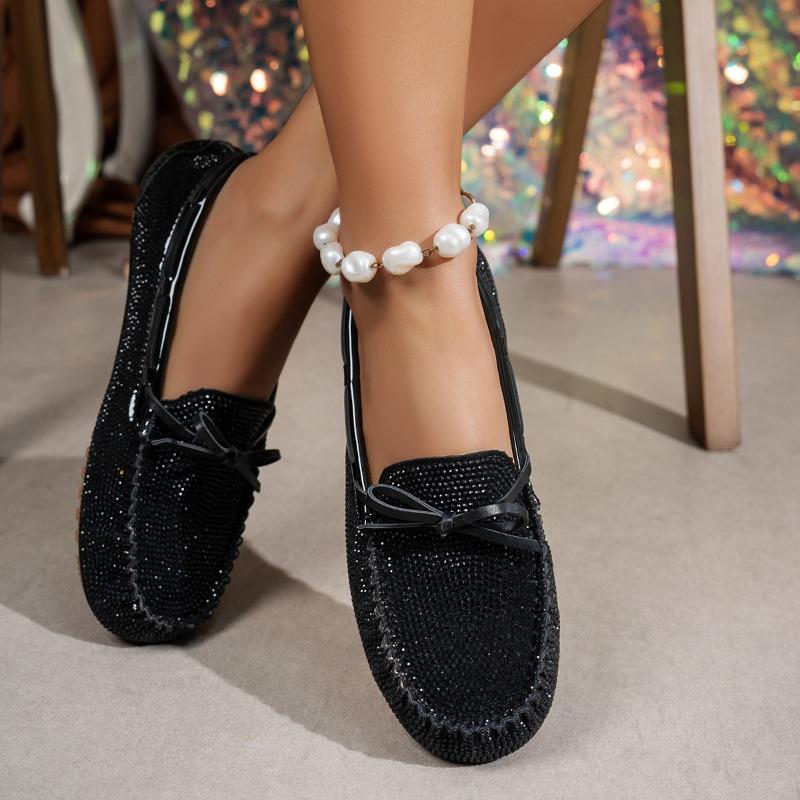 Spring new bow strap snake pattern bright rhinestone beanie shoes flat heel casual driving shoes casual women's single shoes