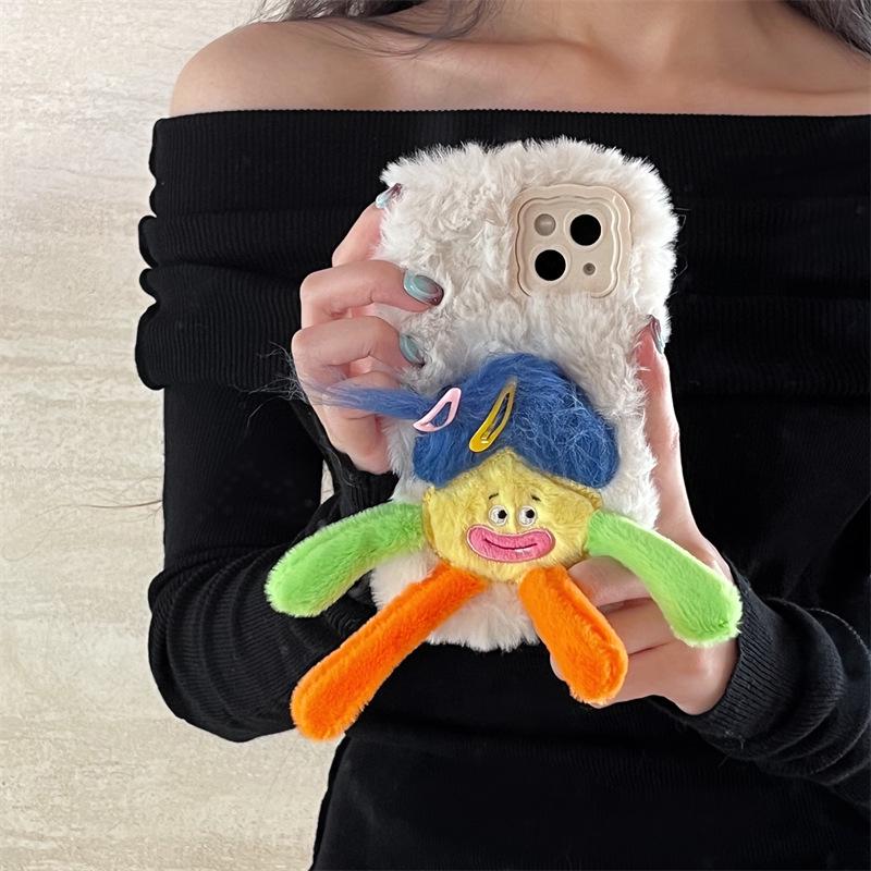 Dopamin Apfel 15 Plüsch Cartoon Puppe Handyhülle mit Halterung - Niedliches Silikon Anti-Fall Design