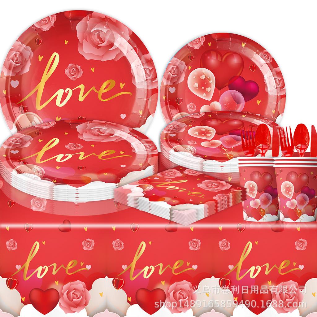 Valentinstag Partyzubehör Geburtstagsdekoration Arrangement Banner Zugflagge Geschirr Pappteller Papierserviette Papierbecher