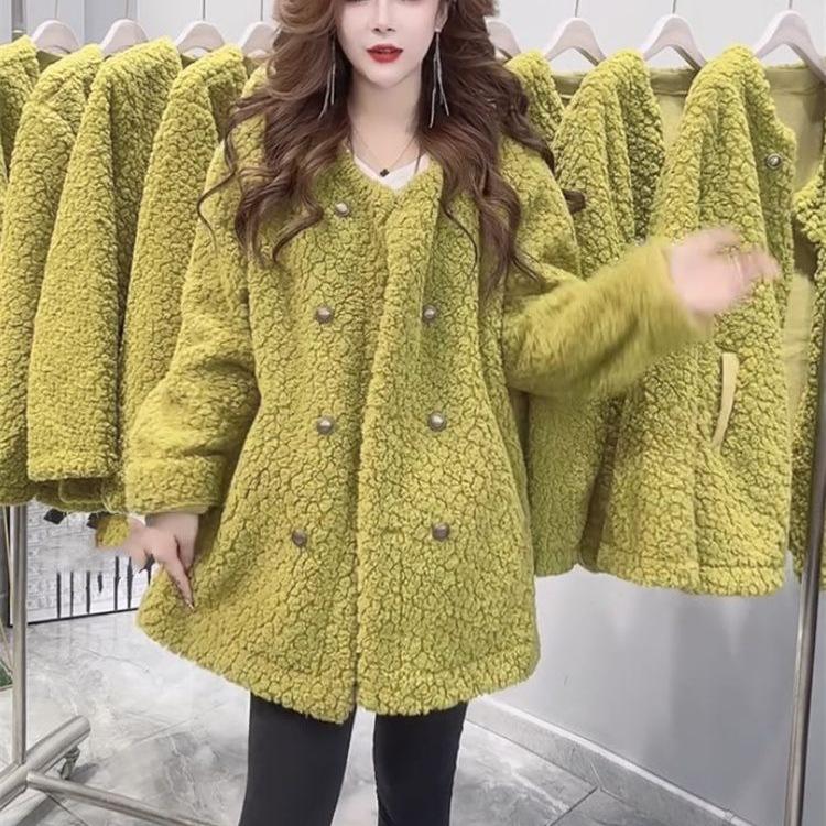 2025 Autumn/Winter Faux Lambswool Korean Double-Breasted Mid-Length Women's Fashion Coat