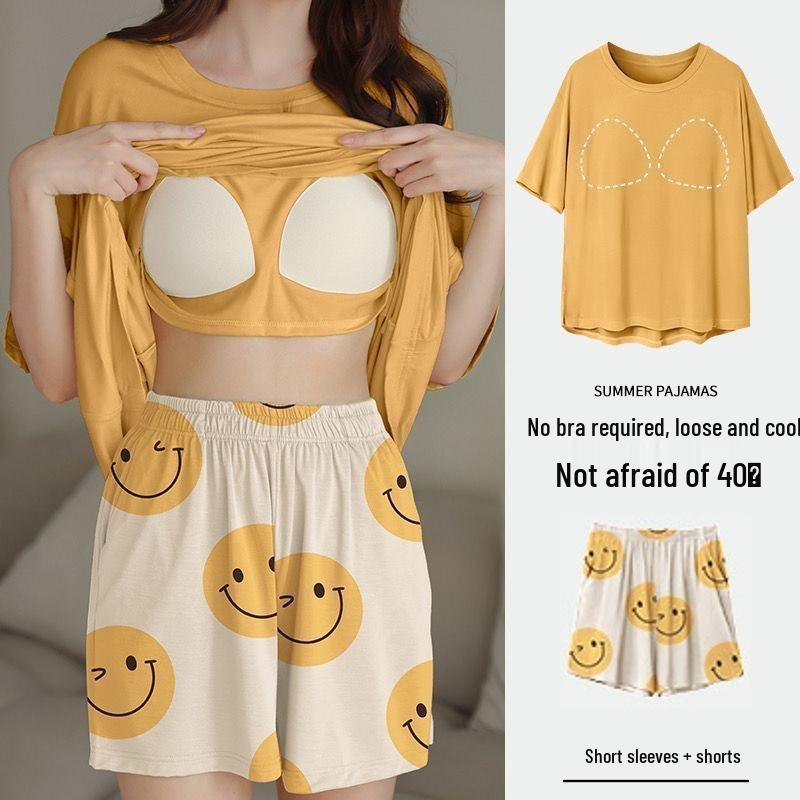 Korean Style Women's Cartoon Pajamas Set with Built-in Bra - Short-Sleeved, Loose, Plus Size, Summer Homewear