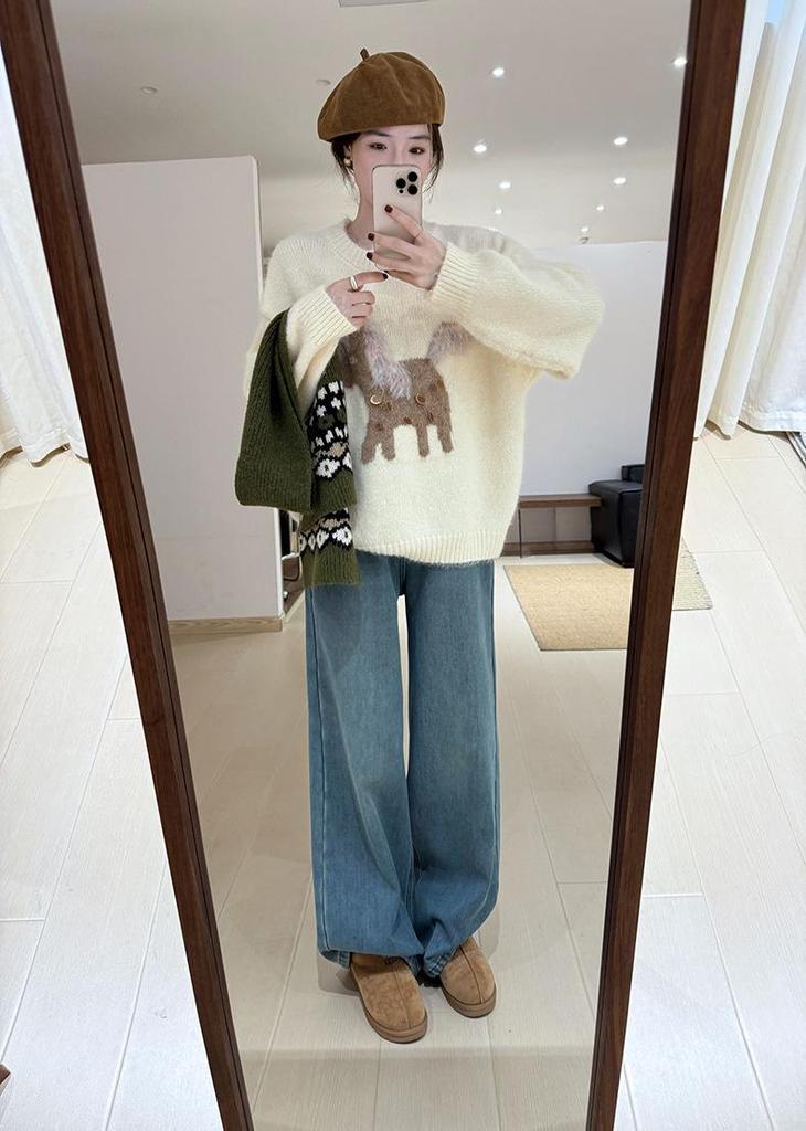 Women's Red Round Neck Pony Hair Sweater with Sequined Inner Layer - 2025 New Year Style Winter Knitwear.