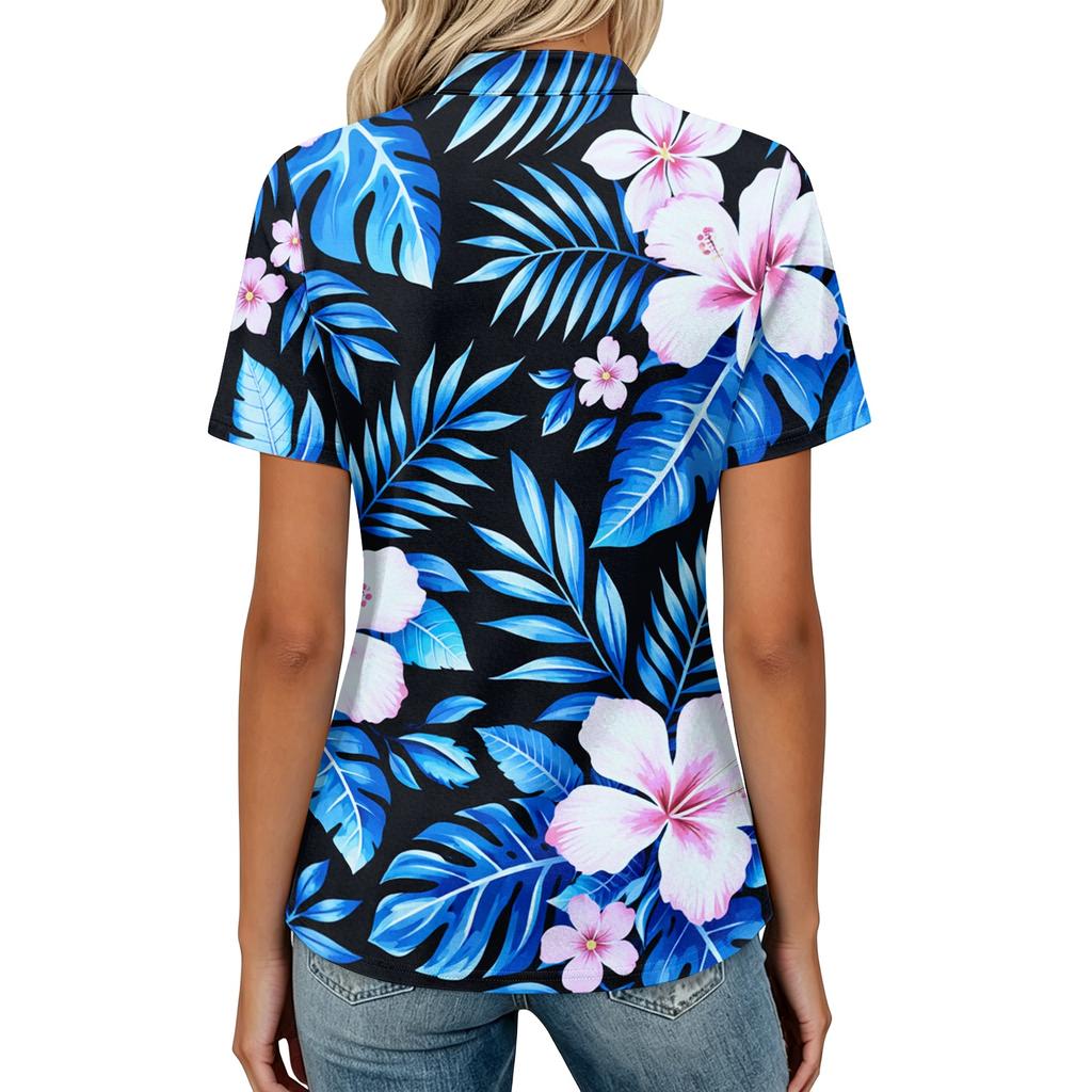 Women’s Casual Polo Neck Loose Fit Short Sleeve Top with Abstract Print and Button for Everyday Wear