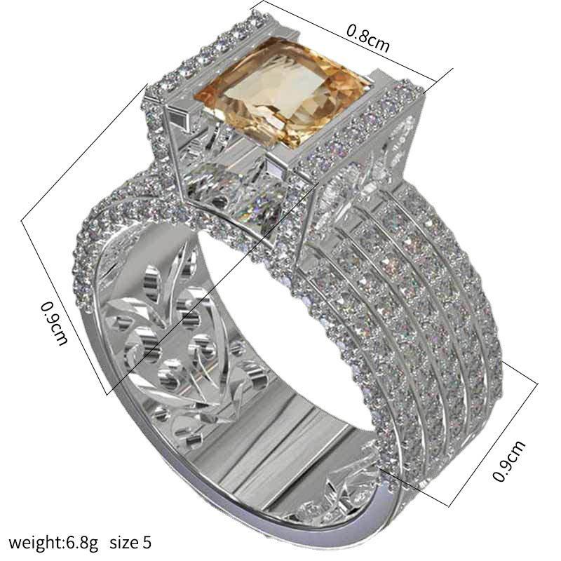 Inel de Lux Argintiu cu Diamante Complete și Zircon Pătrat Șampanie - Stil European și American la Modă