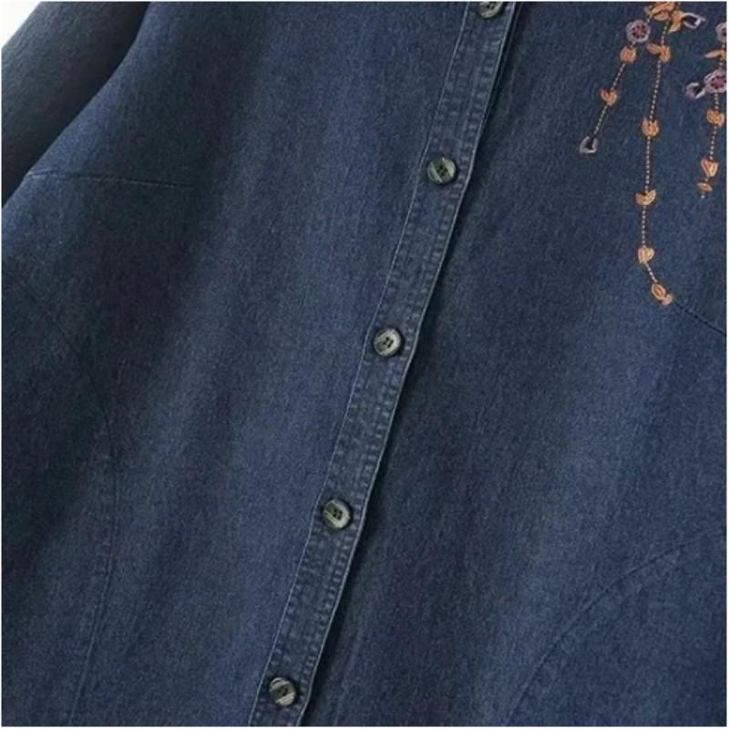 Giacca di Jeans da Donna Primaverile Taglie Forti a Maniche Lunghe Ricamo Temperamento Camicia di Jeans Comoda