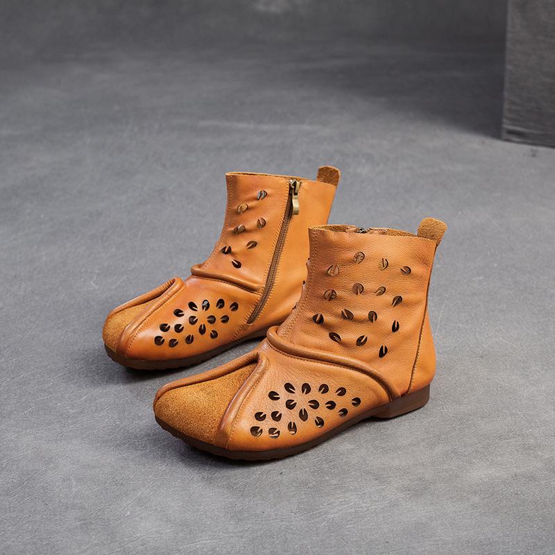 Shanghai Jiezhou 2024 Sandales Bottes Hautes Découpes Rétro en Cuir de Vachette - Chaussures Décontractées Confortables Polyvalentes pour Femmes