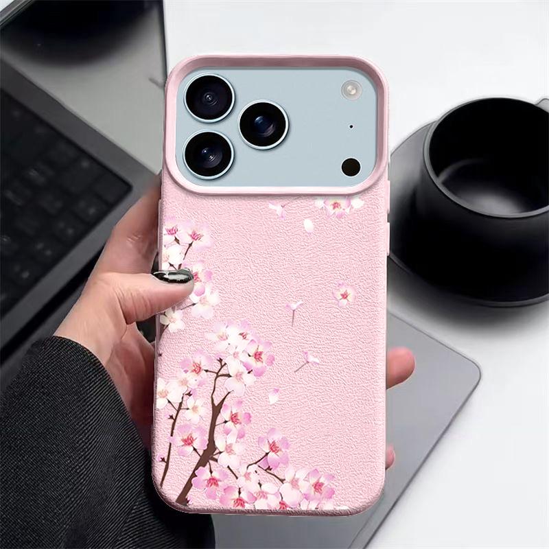 Pink Peach Blossoms Floral Pattern Case For iPhone 17 Pro Max Funda iPhone 16 Pro Max 15 14 13 12 11 Air 16E Leather Texture Silicone Cover