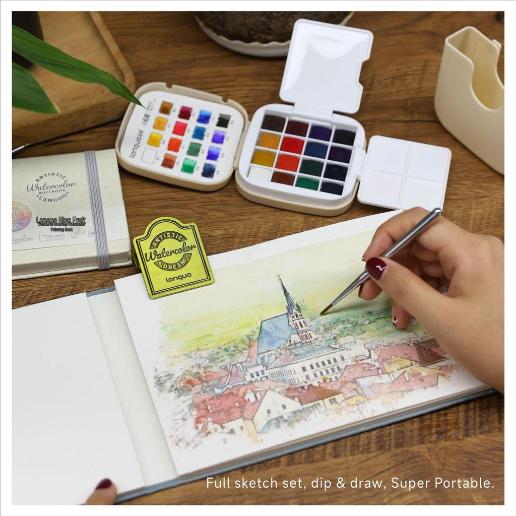 Blue Fruit Watercolor Paint Set for Kids - Solid Colors, Coloring Book, Cartoon Album, and Paintbrush Tool Set