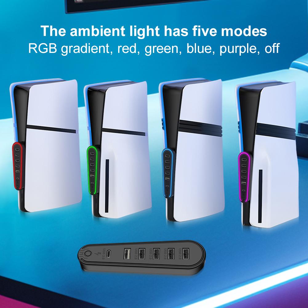6 Ports Charger Adapter Converter with RGB Light USB Extender Data Transfer Extender for PlayStation 5 Pro/Slim