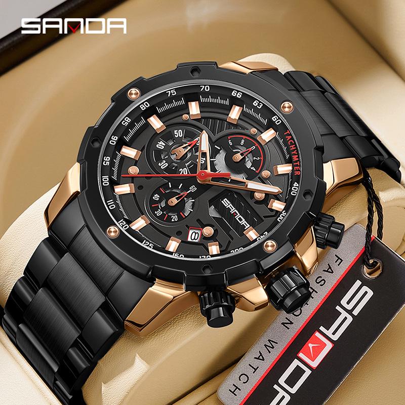 SANDA Men's Quartz Waterproof Watch with Calendar, Simple Design, Three Dials, Six Hands, and Steel Strap.