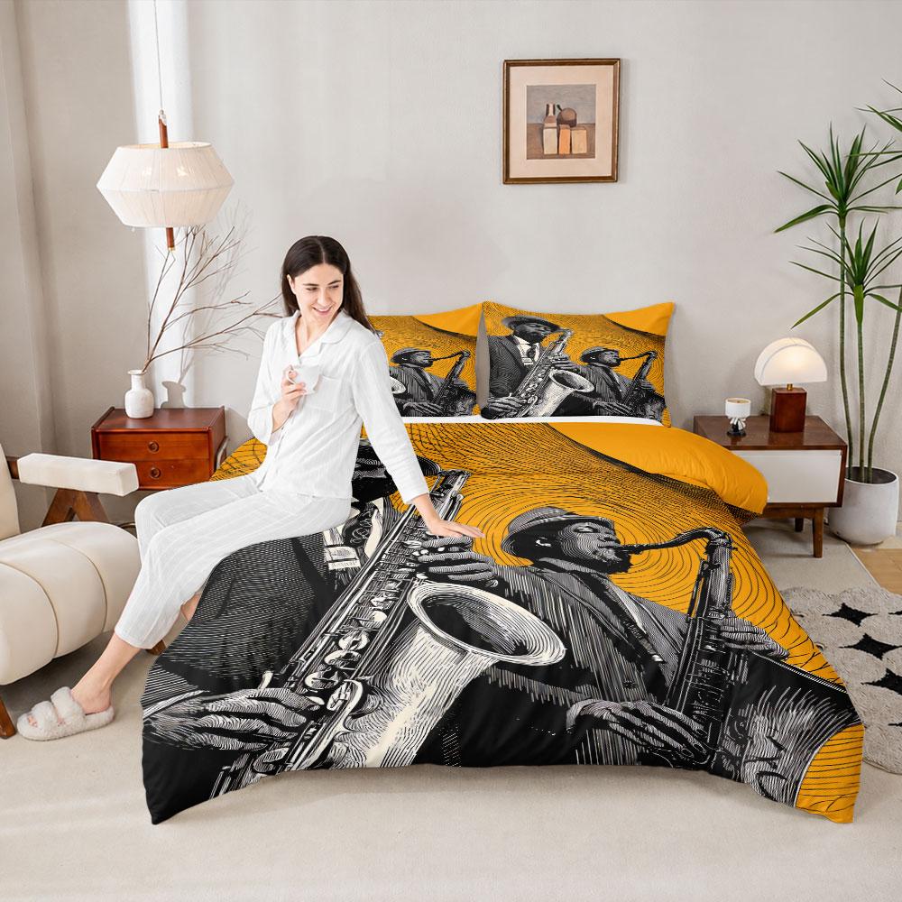 Artistic Jazz Saxophonists Orange Line Art Yellow Duvet Cover with Pillowcases, Simple Elegance Duvet Cover Set