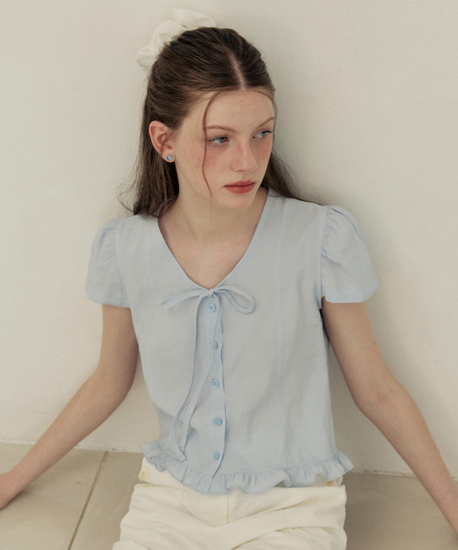 Adowl Puff Button Ribbon Half Sleeve Blouse - Sora Sora/S