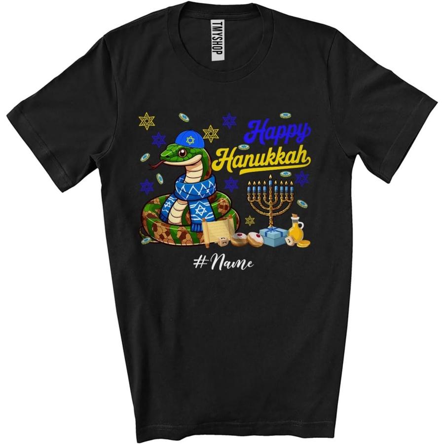 CUTEBUNNYSTORE Personalized Custom Name Happy Hanukkah; Amusing Chanukah Snake with Menorah Animal Unisex T-Shirt Black S
