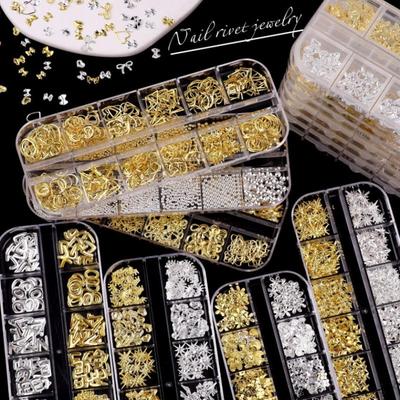 12 Compartimentos/Caixa Estrelas 3D Rebites Tachas Decoração Dourado Brilho Estelar Joias Charms de Unha Liga Metálica Acessórios de Manicure