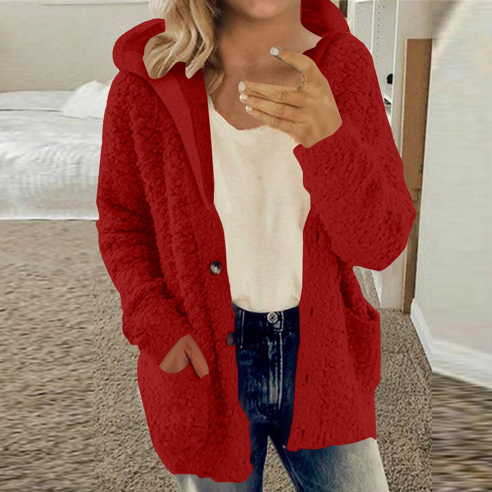 

Женская повседневная мода и зимнее новое пальто-кардиган плюшевое модное однотонное пальто S винный