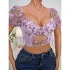 Cross-Border Hot-Selling Puff Sleeve Sexy Floral Crop Top with Underwire, Gathered Drawstring Waist Lace Blouse