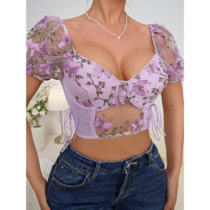 Cross-Border Hot-Selling Puff Sleeve Sexy Floral Crop Top with Underwire, Gathered Drawstring Waist Lace Blouse
