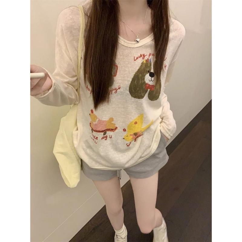 Loose Thin Sun Protection Long Sleeve T Shirt Cute Cartoon Dog Print Casual Top