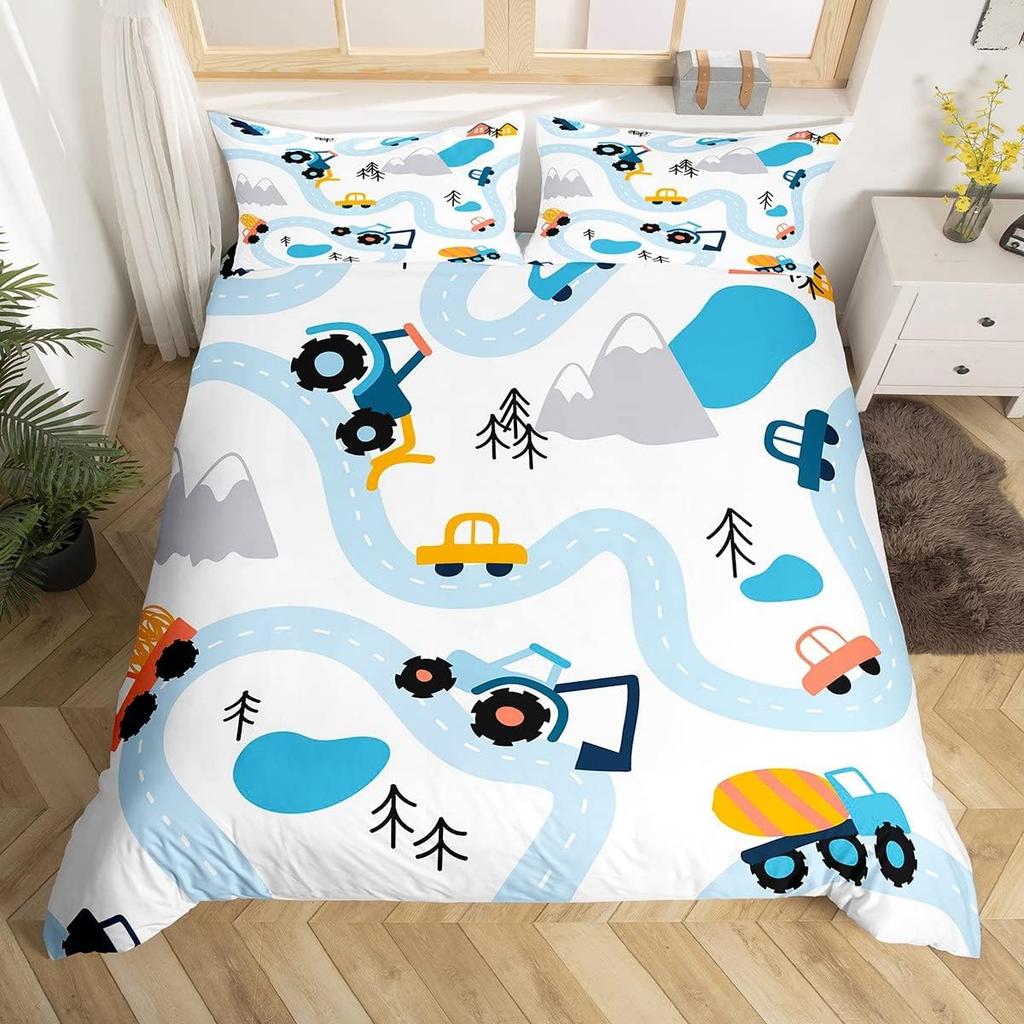 Cartoon Cars Duvet Cover Single Queen City Roads Bedding Set Hand Drawn Truck Bicycle Comforter Cover for Boys Teen Room Decor