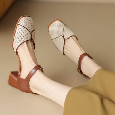 Fashion Spring New Baotou Sandals for Women Square Head Shallow Mouth Leather Air Hole with Soft Sole Non-slip Chunky Heels