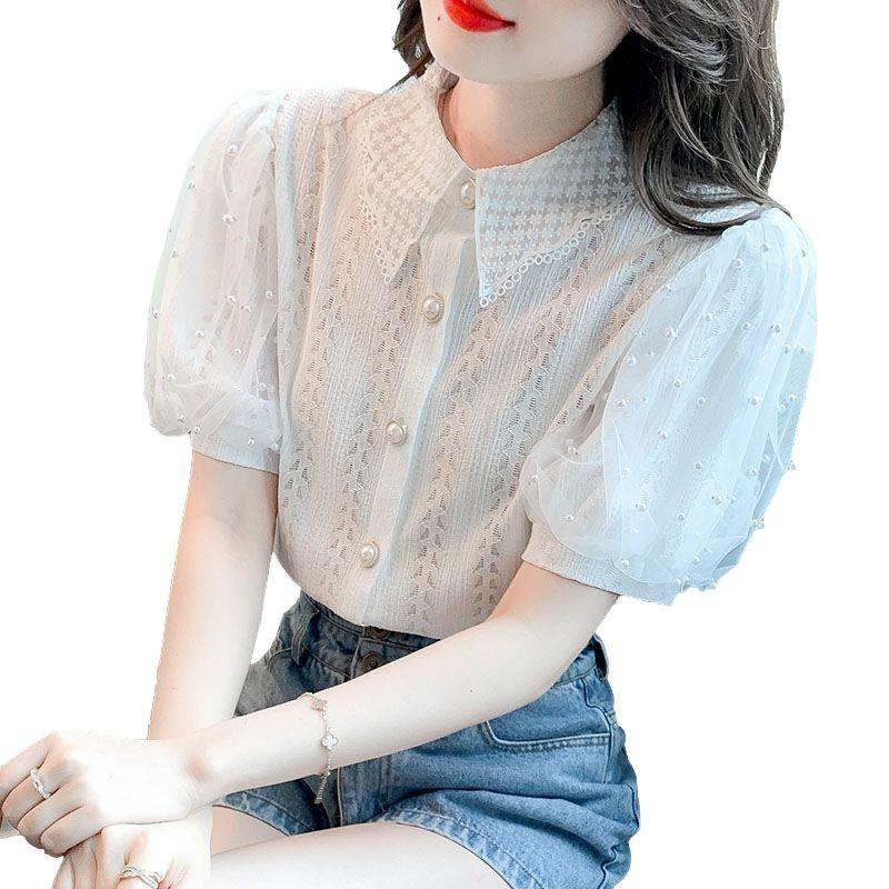 Bubble Short Sleeved Lace Shirt for Women Summer New Versatile Hollow Out Shirt Top