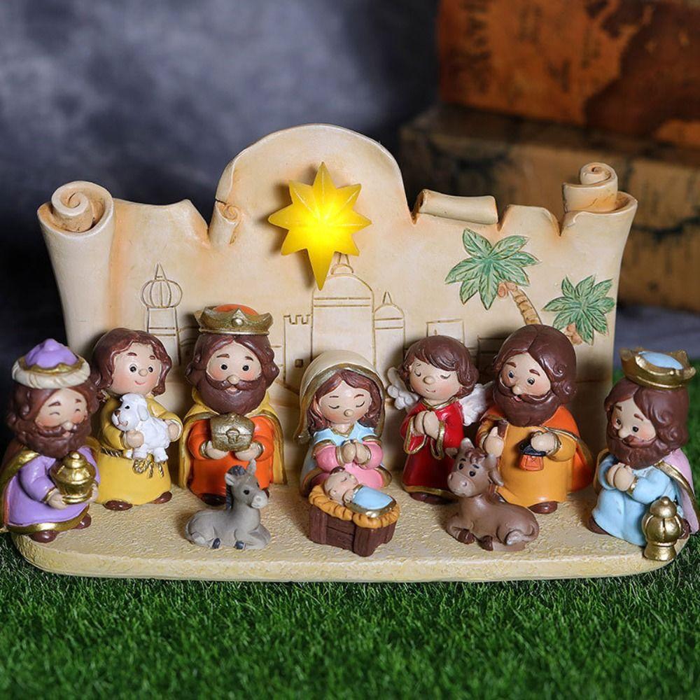 Resin Nativity Manger Ornament Cartoon Manger Group Nativity Figurine  Christmas Decoration