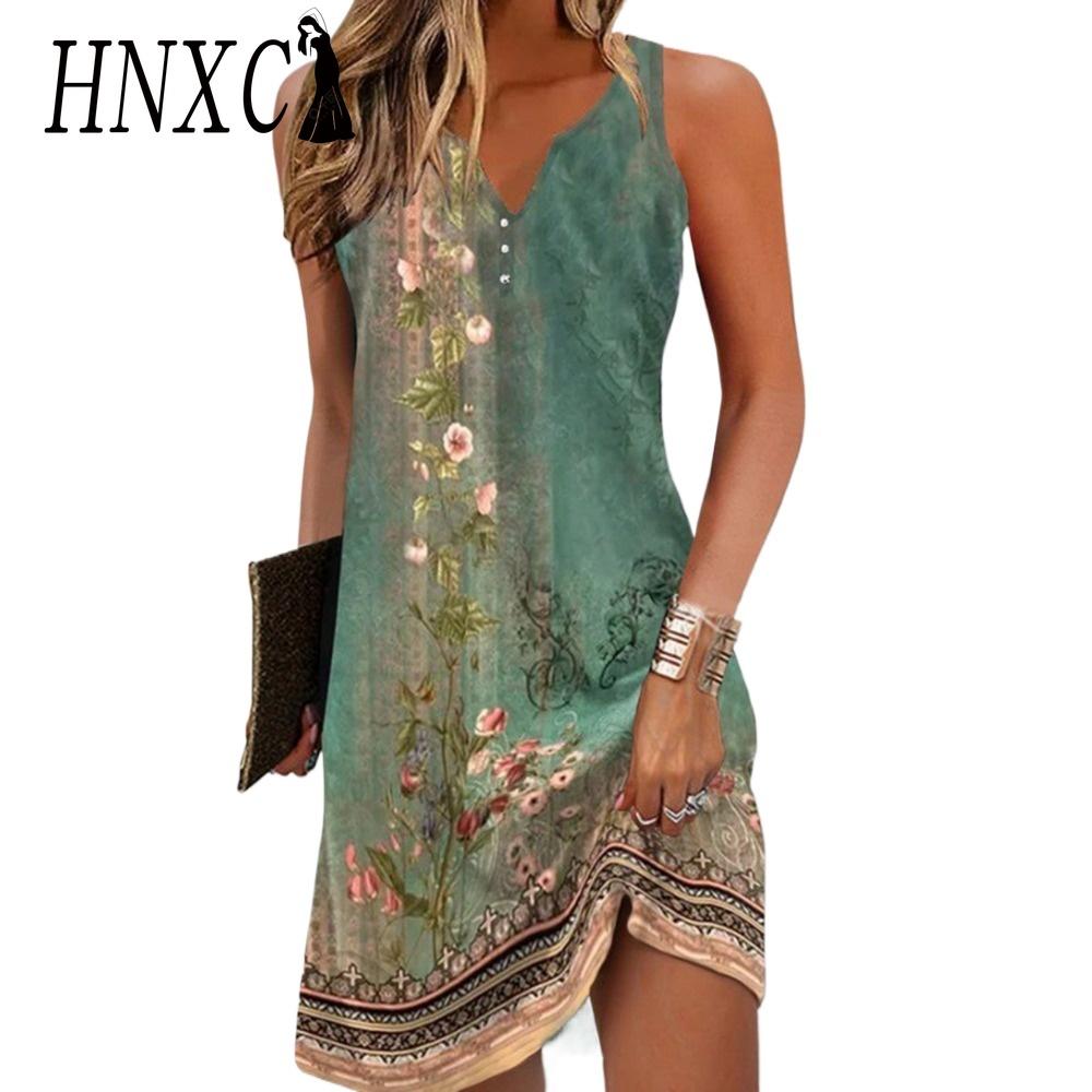 

HNXC Женские модные летние весенние повседневные платья без рукавов с v-образным вырезом и цветочным принтом