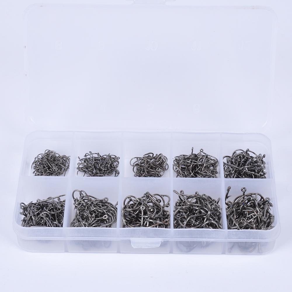 500pcs Carbon Steel Fishing Hooks 3# -12# 10 Sizes Fish Hooks with Hole Fishing Tackle Box