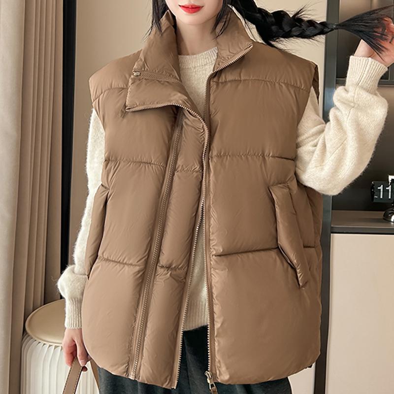 

Модная зимняя парка без рукавов Женский короткий жилет Стойка воротник Толстый теплый Женские куртки 2XL коричневый