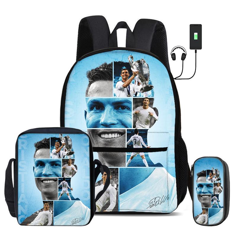 Ronaldo 3 Pcs Set School Bags Backpack with USB Interface CR Football Star Shoulder Bag Football Sports Pencil Bag Kids Rucksack