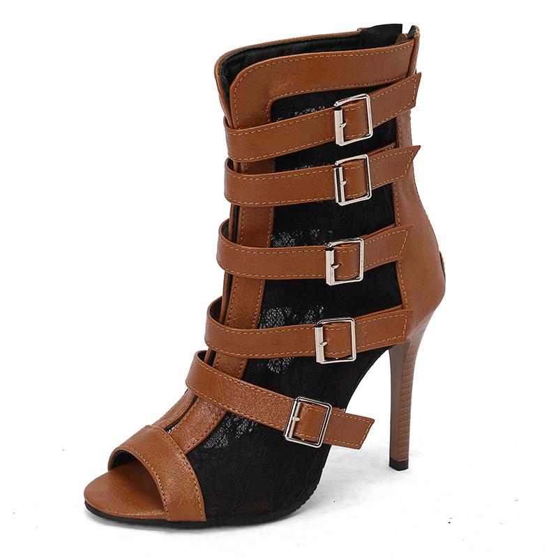 

Fashion Peep Toe Summer Shoes Woman Sandals Hollow Lace mesh Gladiator Ankle Boots Zip Thin High Heels Jazz Dance Shoes Female Size34-48 34 жёлтый
