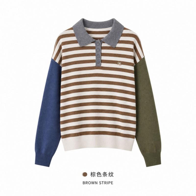 Womens Black White Striped Knit Polo Sweater Long Sleeve Fall Casual Top