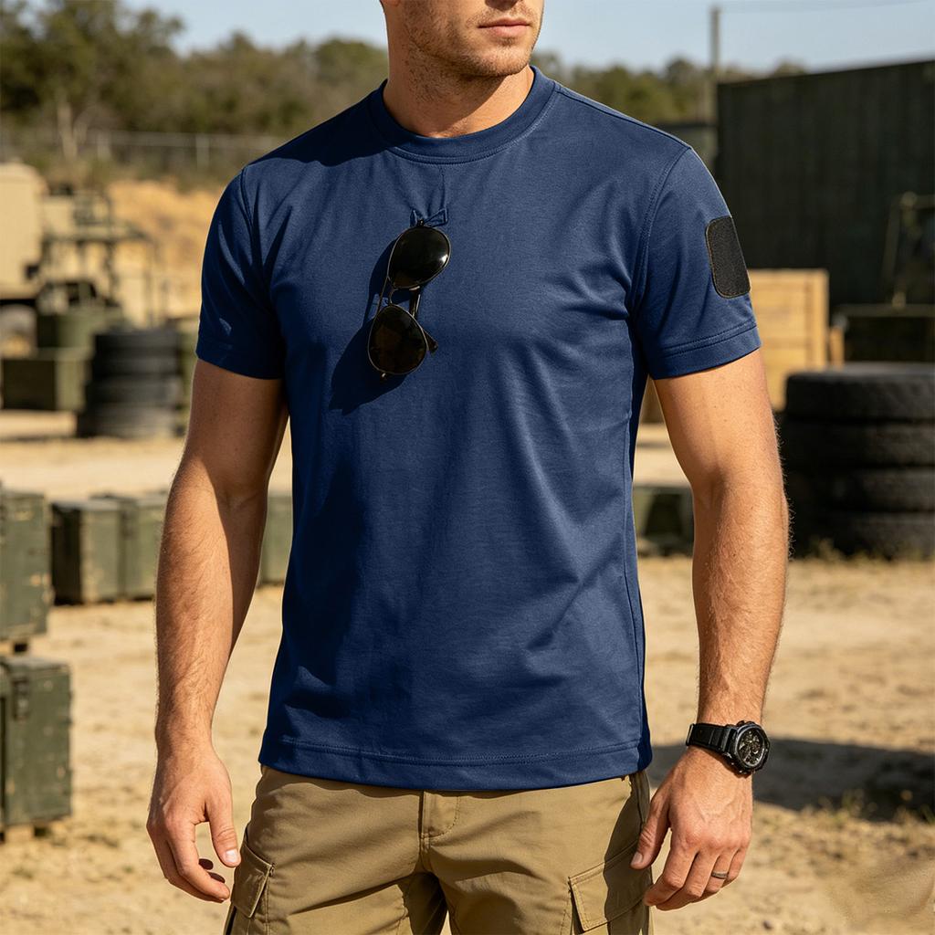 Men's Tactical Outdoor Quick-Dry T-Shirt Crew Neck Loose Fit Breathable Short Sleeve with Hook and Loop Patch Area for Customization