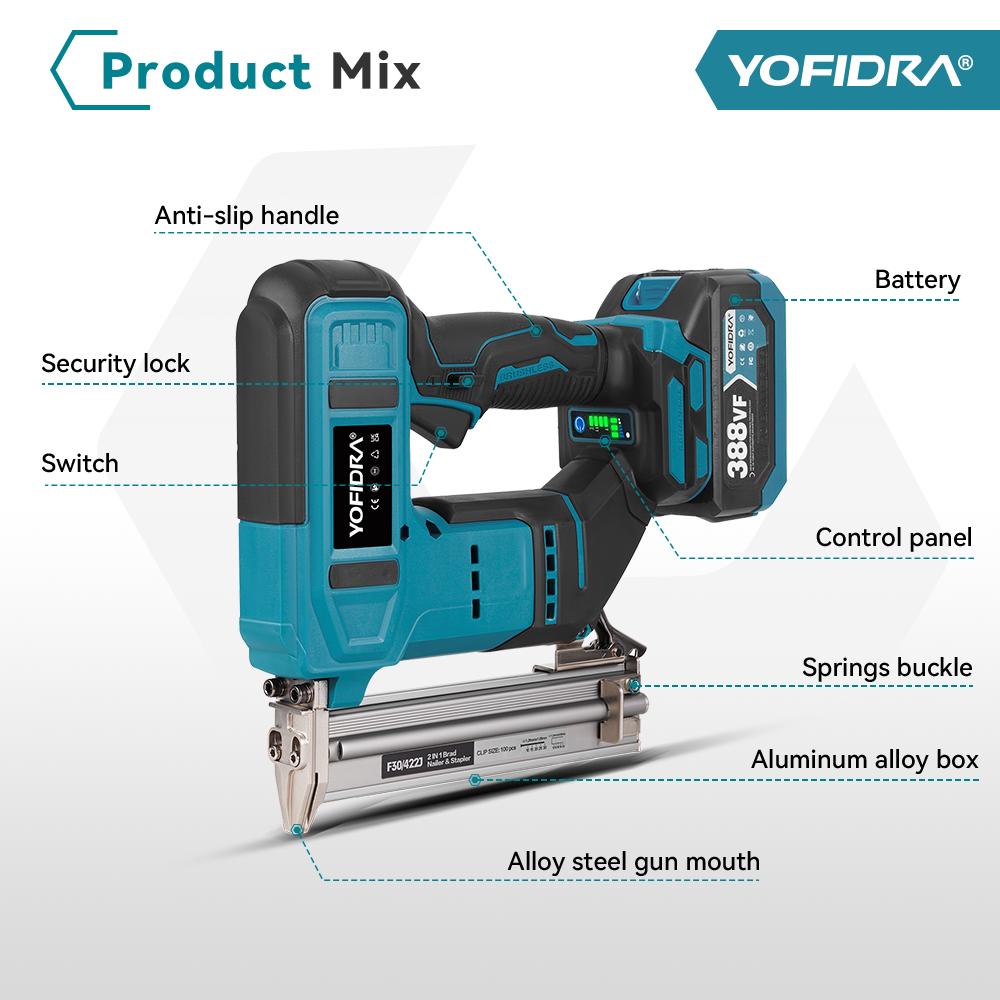 Yofidra Chiodatrice elettrica senza spazzole 30mm 2in1 Chiodatrice/Graffettatrice a batteria Chiodatrice per carpenteria Tacker Strumento per batteria Makita 18V Spilli
