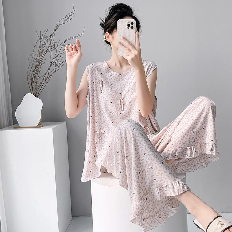 Summer Crew Neck Sleeveless Vest Two-piece Set Cotton and Silk Pajamas Women's Summer Cotton Silk Women's Summer Suit Dress