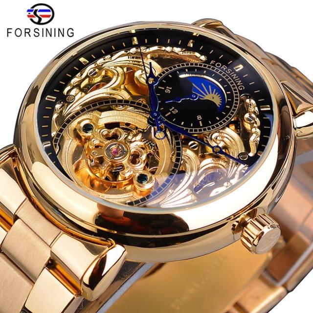 Forsining Automatic Mechanical Business Watch Mens Clock Golden Moon Phase Steel Strap Wrist Watches Top Brand