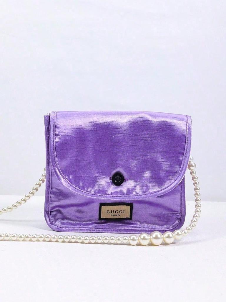 Gucci Purple Square Makeup Bag, DIY Pearl Chain Storage Bag, Fashionable Shoulder Bag