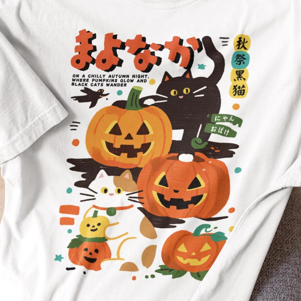 Japanese Cat Pumpkin Autumn Shirt, 90s Anime Shirt, Harajuku Japanese Streetwear, Nostalgia Halloween Cat Pumpkin Tee, Spooky Season Cat tee