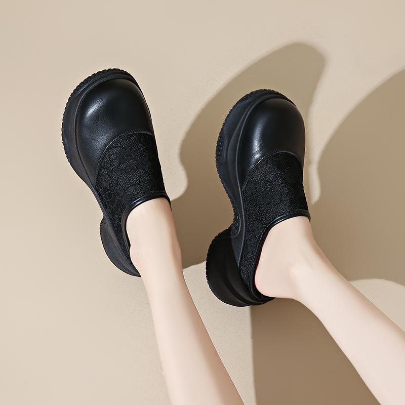 CRLAYDK Mules for Women House Wedge Slip On Slippers Lace Backless Walking Loafers Mesh Height Increase Casual Ladies Slides