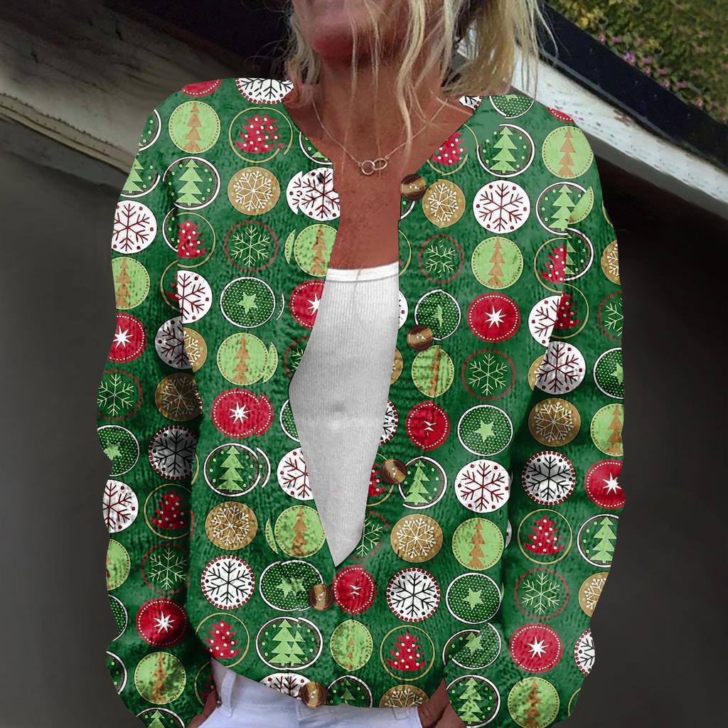 Women's Fashion Christmas Print Long Sleeve Knitted Cardigan Button Jacket