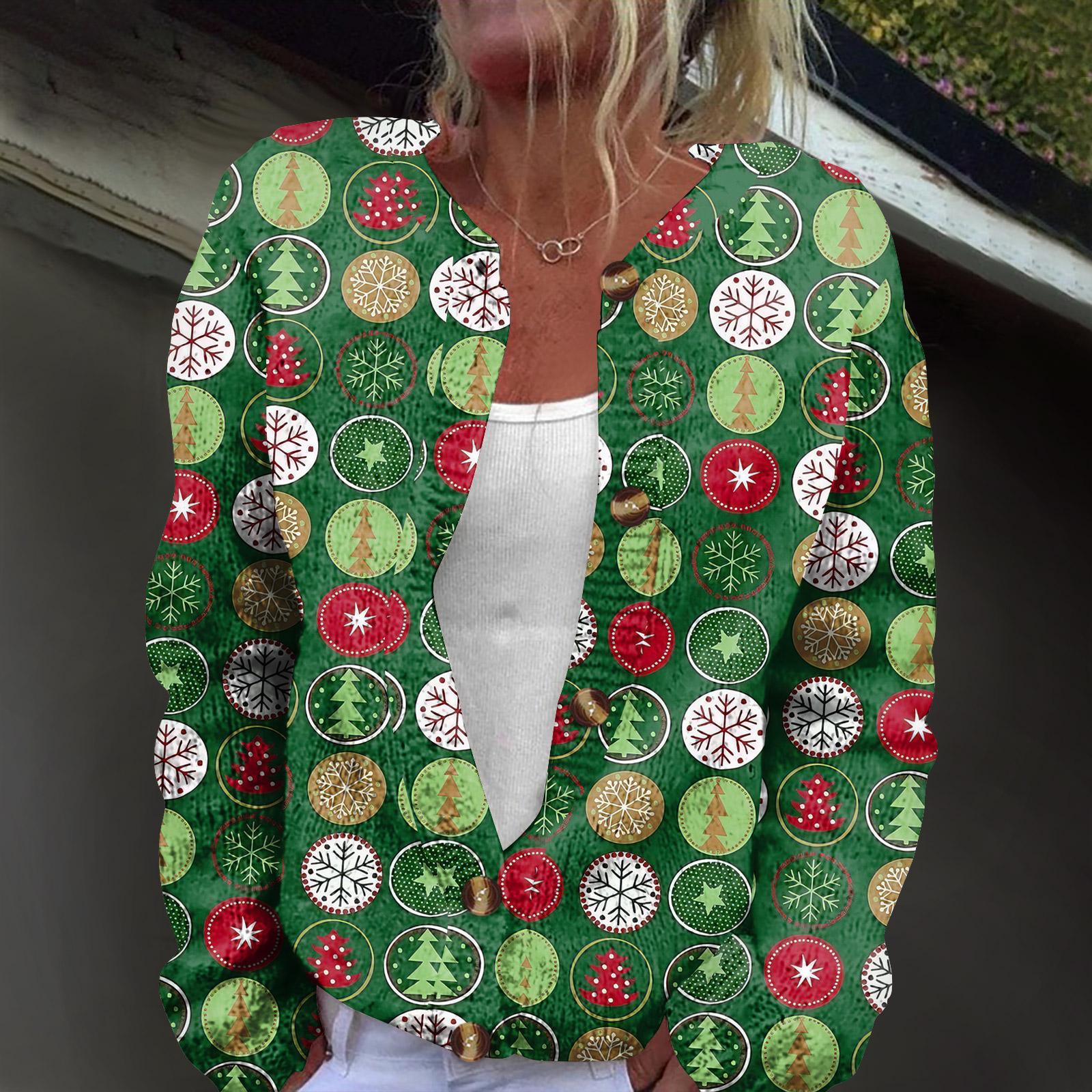 

Женский модный вязаный кардиган на пуговицах с рождественским принтом и длинным рукавом S зелёный