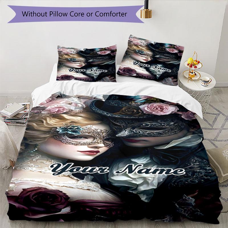 3PC Custom Name Masquerade Ball Romance Bedding Set Duvet Cover Closure Includes 1 Duvet Cover & 2 Pillowcases for Bedroom