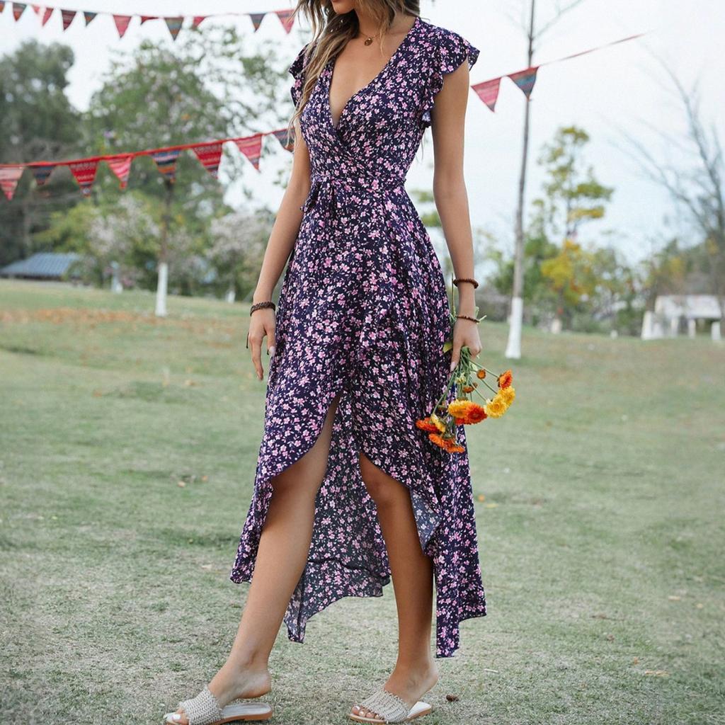 Women's Summer Floral High Waist Bohemian Dress Casual Hawaiian Flowing V Neck Holiday Dress