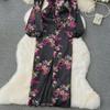 Elegantes Kleid mit Laternenärmeln und Print - Hochwertig, Leicht reifer Stil, Taillenbetont, Langer Rock für Frühlings- und Herbstabendgarderobe