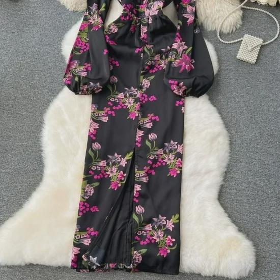 Elegantes Kleid mit Laternenärmeln und Print - Hochwertig, Leicht reifer Stil, Taillenbetont, Langer Rock für Frühlings- und Herbstabendgarderobe